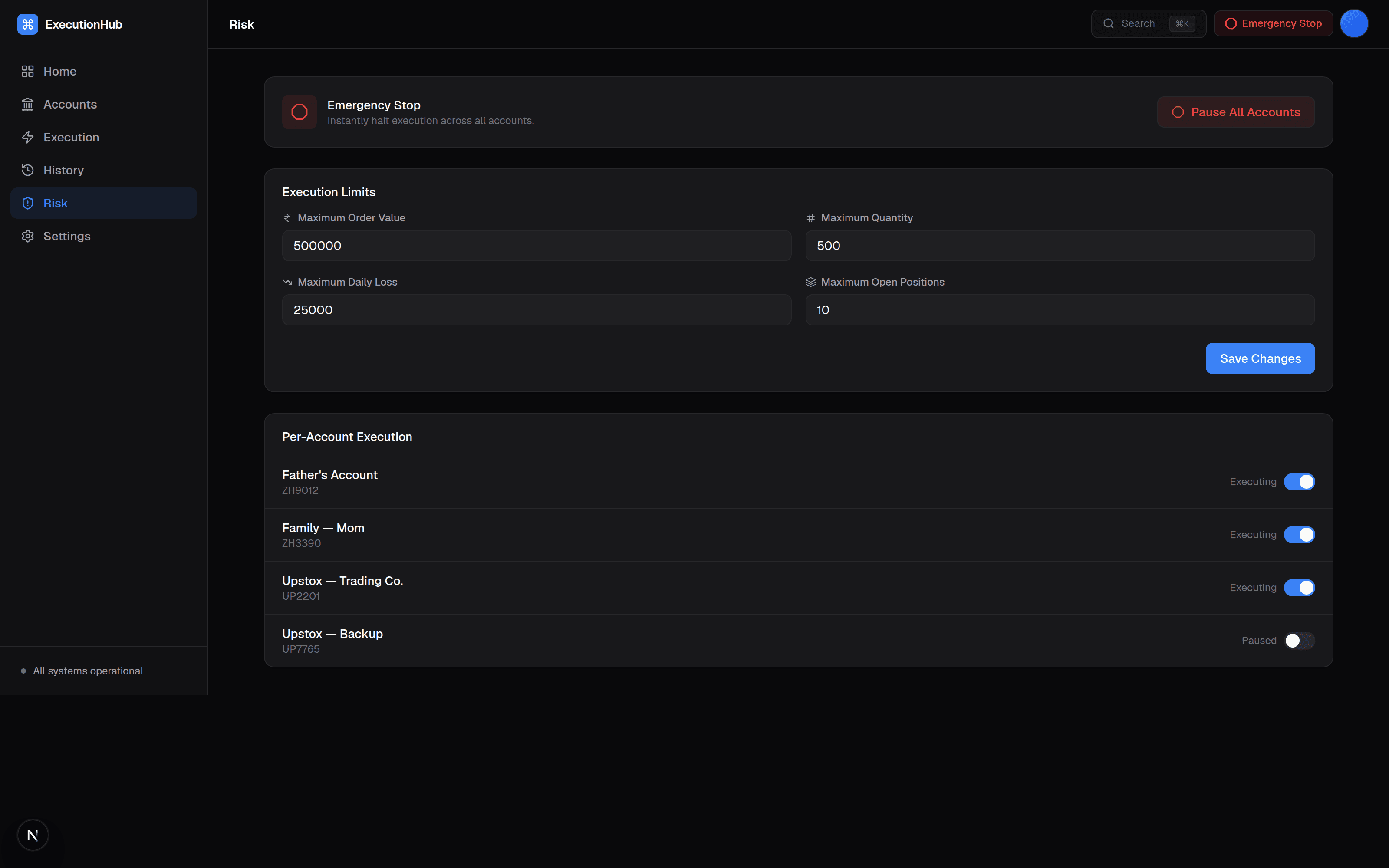 Risk Controls screen